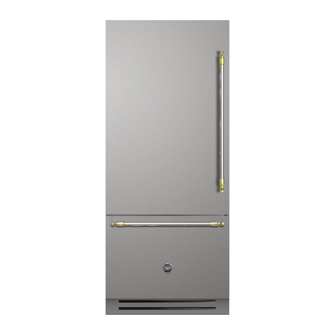 Refrigerador Bertazzoni Heritage 596 Litros 90cm-Abertura Esquerda refrigerador bottom freezer em inox escovado com puxadores retangulares dourados